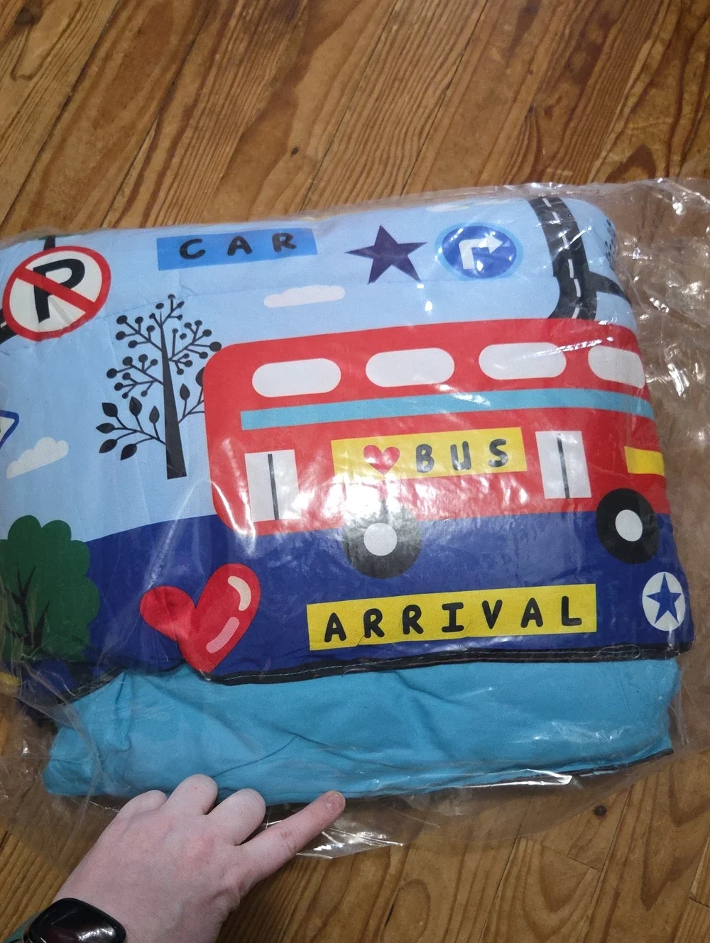 Toddler Bed Comforter Kids Bus Print Pillow Cover - Blue Red